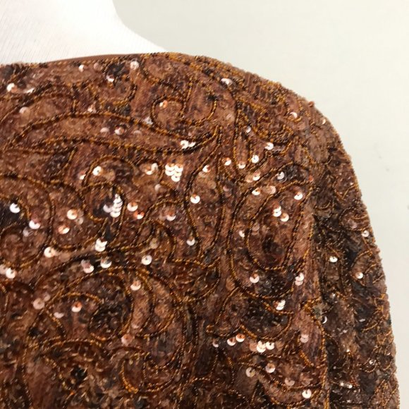 Vintage sequin beaded paisley print short sleeve top Italy crop silk M - Picture 6 of 9